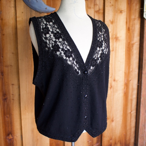 Vintage Talbots 100% Wool Beaded & Lace Knitted Black Button Down Vest Size L - Picture 3 of 16